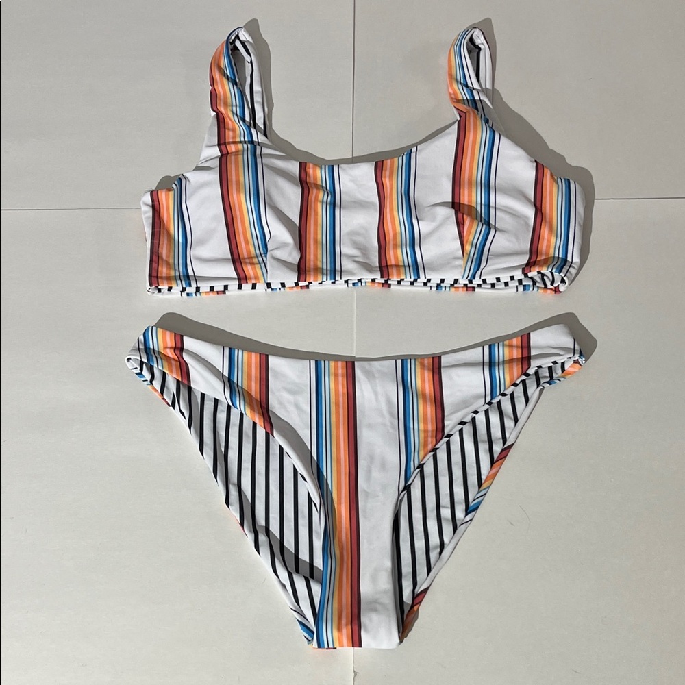 Shein Reversible Striped Two Piece Bikini White Rainbow Large NWOT Beach Vaca
